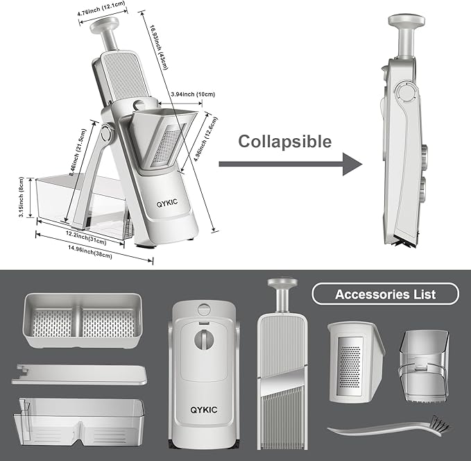 8 in 1 Mandoline Slicer for Kitchen, Vegetable Chopper, Potato Slicer, Fry Cutter Onion Chopper with Drain Basket Food Container with Lid, Stainless Steel Cheese Grater for Quick Meal Pre (Gray)