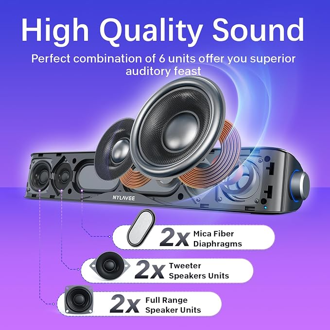 Nylavee Computer Speakers with Subwoofer, 2.1 PC Speakers System with Bluetooth 5.4 & 3.5mm Aux-in, 60W Peak Power, AC Adapter Powered Computer Sound Bar for Desktop PC, Laptop, Monitor, Gaming