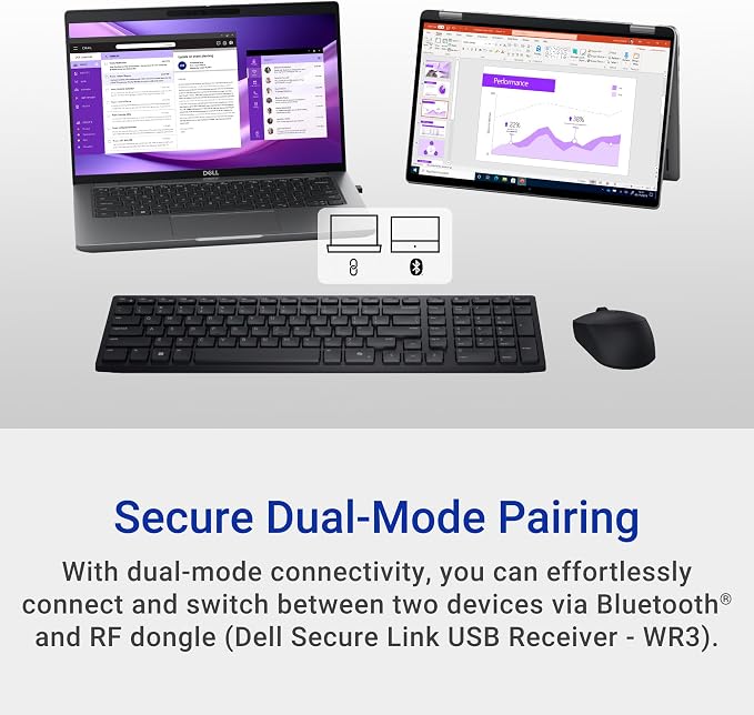 Dell KM555 Silent Keyboard and Mouse - 18 Programmable Shortcut Keys, Copilot Key, Secure Dual-Mode connectivity, Adjustable DPI, Ambidextrous, Low Battery LED Indicator, 3-Year Warranty - Black