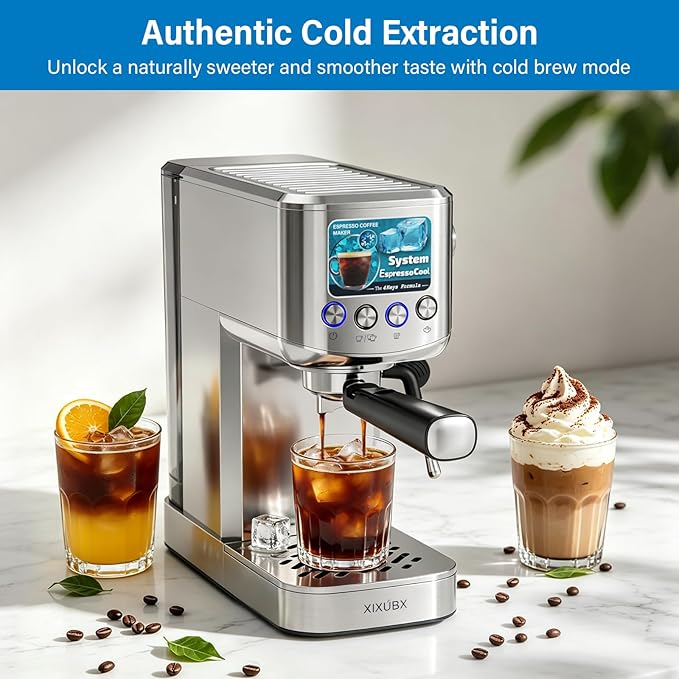 XIXUBX 20 Bar Espresso & Cold Brew Coffee Maker with Milk Frother, 42oz Removable Tank, Stainless Steel, Perfect for Cappuccino, Latte, Home & Office, Brushed Silver