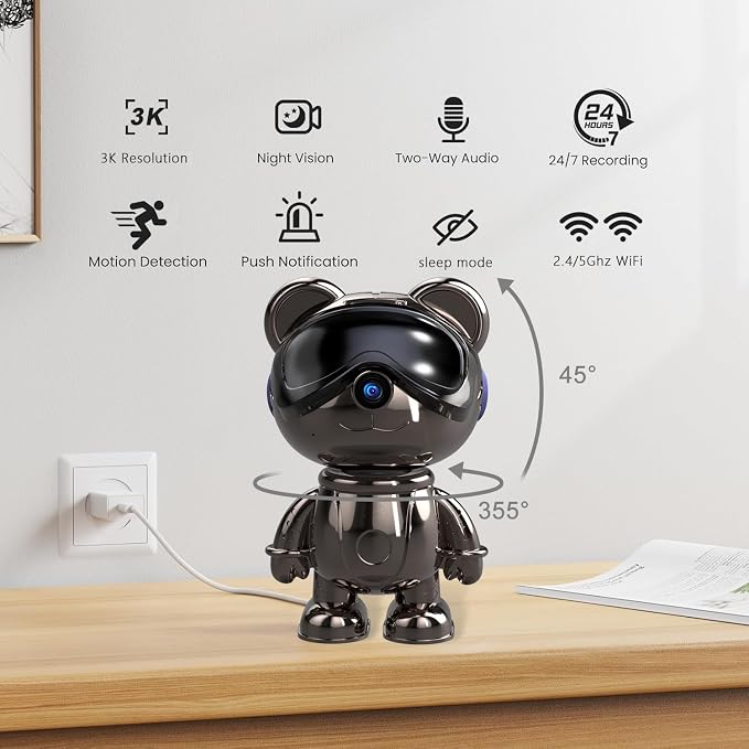 Cute Bear 3K Security Camera – Indoor WiFi Baby Monitor & Pet Camera with AI Motion Tracking & Auto-Follow, 5MP Pan/Tilt, Anti-Glare IR Night Vision, Privacy Mode, Works with Alexa & Google Home（TDB5）