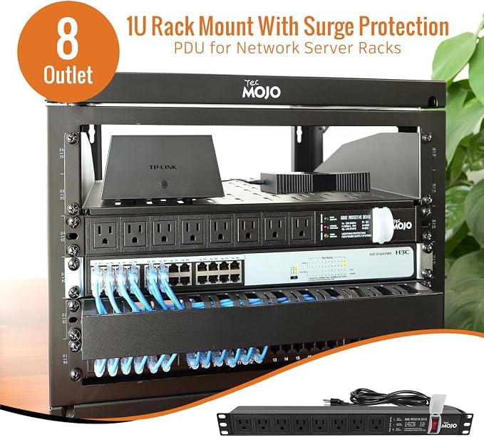 Tecmojo 1U Rack-Mount Horizontal 8-Outlet PDU, UL Listed PDU with Surge Protection LED Indicators 6ft Cord Power Distribution for IT and Network Server Racks
