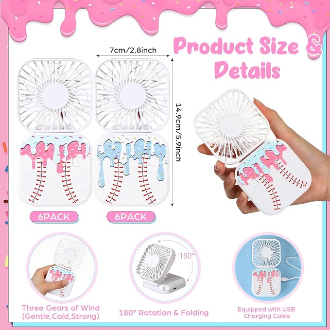 Retisee 12 Pcs Ice Cream Drip Baseball Mini Portable Handheld Fans 3 Speed USB Rechargeable Necklace Fans Bulk 180° Foldable Electric Personal for Sport Party Favors Team Game Gift(White)