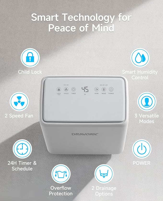 2000 Sq. Ft Dehumidifier for Basement, 30 Pint Dehumidifiers for Home, Bedroom and Bathroom, 3 Modes Dehumidifier with Drain Hose, Smart Humidity Control, 24H Timer, Child Lock
