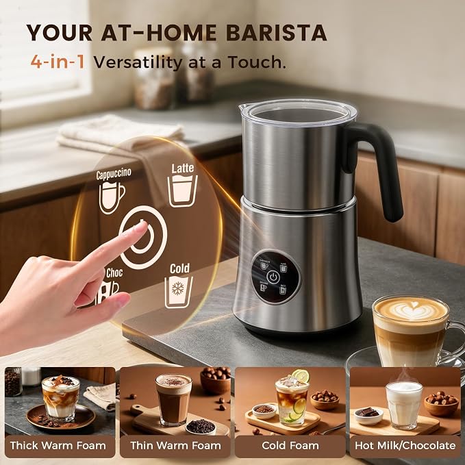 Milk Frother and Steamer, 4-in-1 Automatic Hot and Cold Foam Maker with 900ml Detachable Stainless Steel Jug, Electric Frother for Latte, Cappuccino, Macchiato, Hot Chocolate