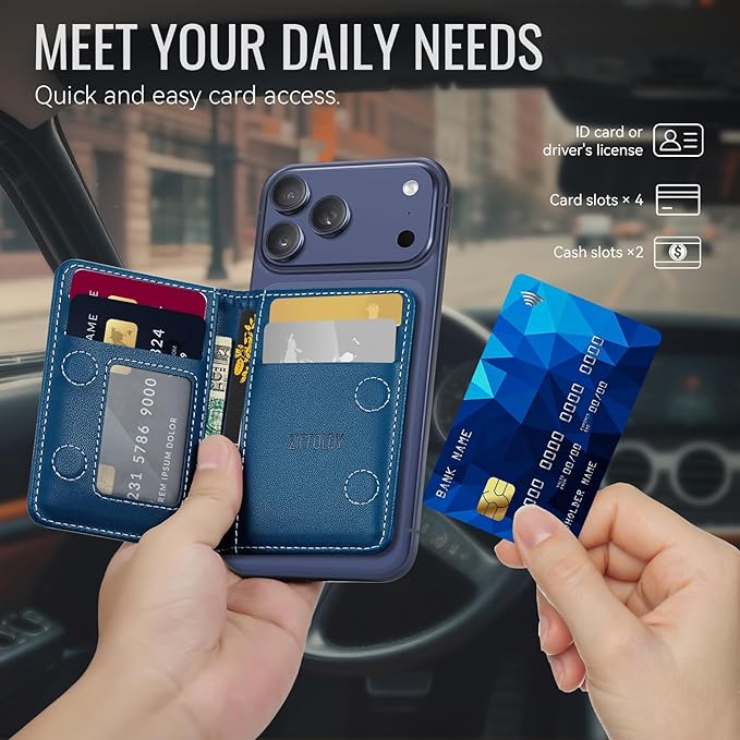 Slim PU Leather RFID Magnetic Wallet for Men and Women, Minimalist Magnet Card Holder Phone Wallet Compatible with Magsafe for Apple iPhone 17 16 15 14 13 12 Series, Fashion Dark Blue