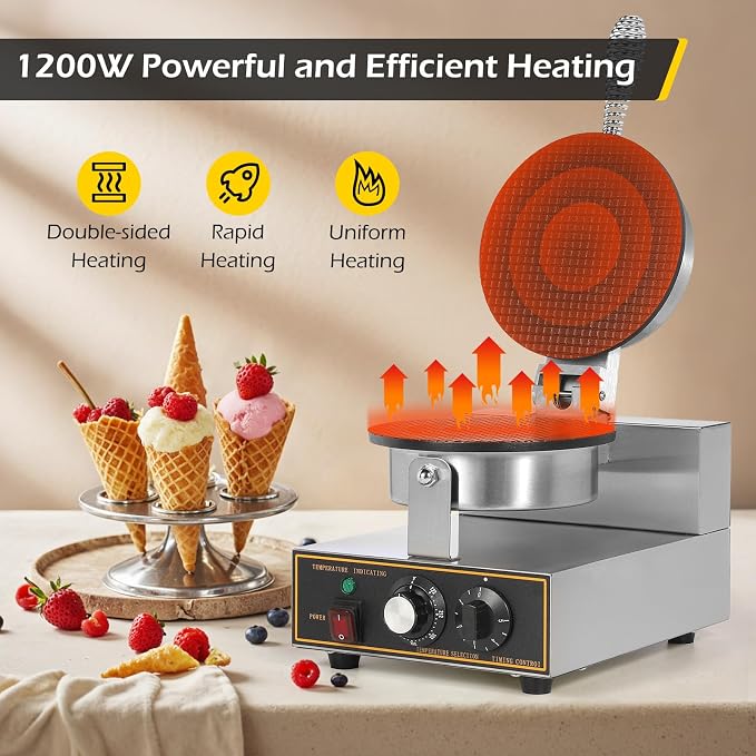 Dyna-Living Commercial Ice Cream Cone Machine Waffle Cone Maker 110V Electric Stainless Steel Egg Roll Mold Nonstick Waffle Cone and Bowl Maker for Home Restaurant Use 1200W
