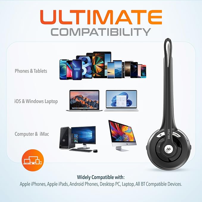 Delton 10X Bluetooth Computer Headset, Over-The-Head Single Ear Wireless Headset with Noise Canceling Mic for Computer/Laptop/Call Center/Truck Driver, Works with All Meetings Apps - Black