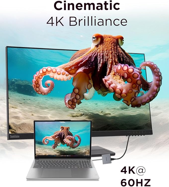 Lenovo USB-C 4 in 1 Travel Hub Block with Integrated Cable, 1x HDMI 4K @ 60Hz, 2X USB-A 3.2, 1x 3.5mm Combo, Luna Grey – Portable, Compact, High-Speed Connectivity Laptops PC Gaming Console Charging