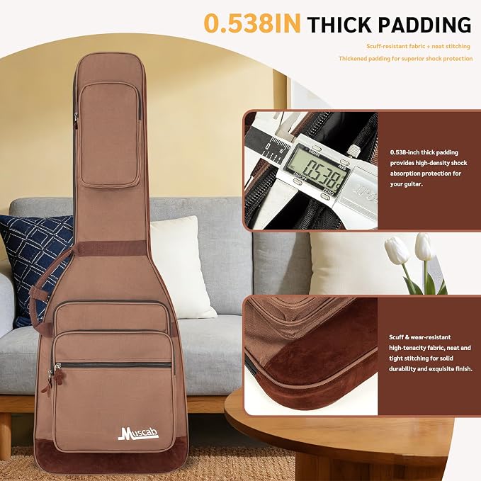 Electric Guitar Bag 0.5 Inch Padding Electric Guitar Case, Electric Guitar Gig Bag Backpack with Neck Strap and 4 Pockets, Brown