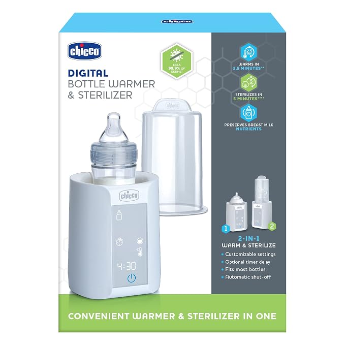 Chicco Digital Bottle Warmer & Sterilizer for Baby Bottles, Baby Food Jars, and Milk Bags | Eliminates 99.9% of Germs | 4 Heating Options | Digital Touchscreen | Automatic Shut-Off & Sound Alert
