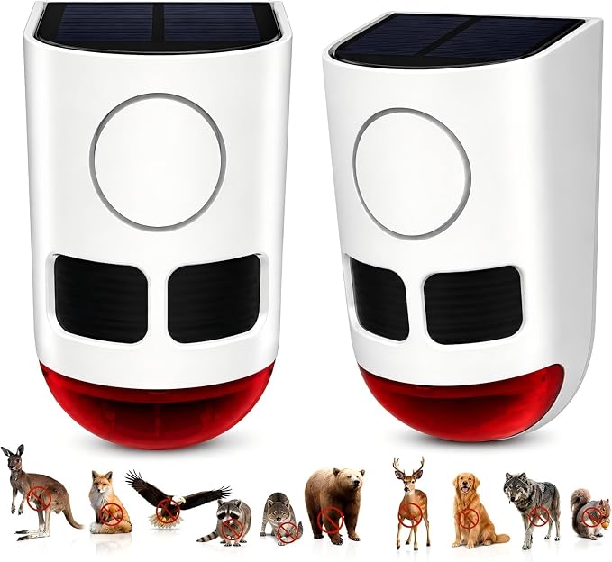 ChunHee Solar Motion Sensor Alarm Outdoor 4 Working Mode Dog Barking Motion Activated Alarm 129dB Loud Sound Noise Maker IP65 Waterproof Motion Detector with Strobe Light for Yard Farm Garden 2 Pack