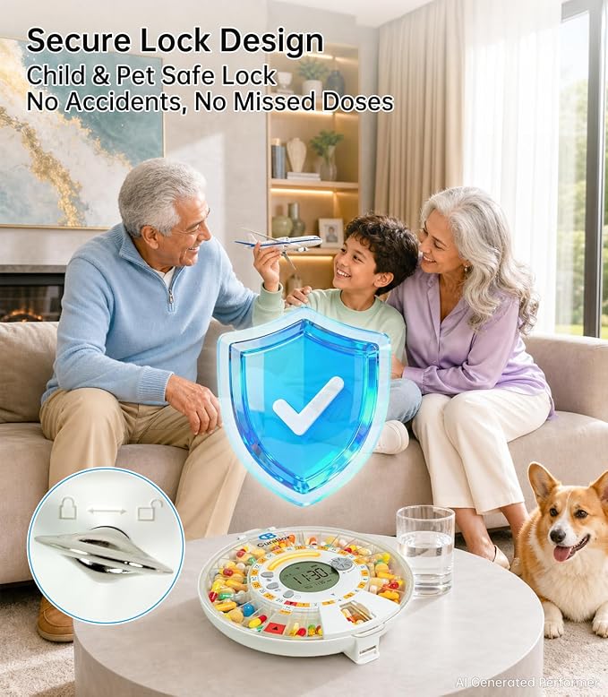 Wi-Fi Automatic Pill Dispenser 28-Day Medication Assistant for Seniors & Caregivers with Remote App Monitoring, Alarms, Sound Light Reminders, Tracks Adherence History, Clear LCD Display, Key Lock