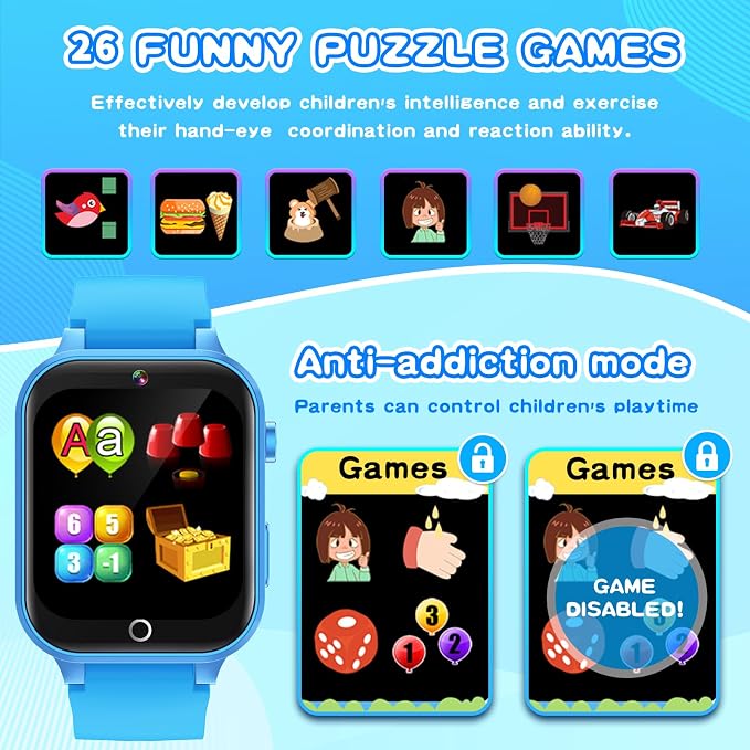 Cosjoype Kids Smart Watch for Kids with 26 Puzzle Games HD Camera Video MP3 Player Habit Tracking Learn Card Flashlight 12/24 hr Kid Watches Gift for 5-12 Year Old Boys Toys for Kid