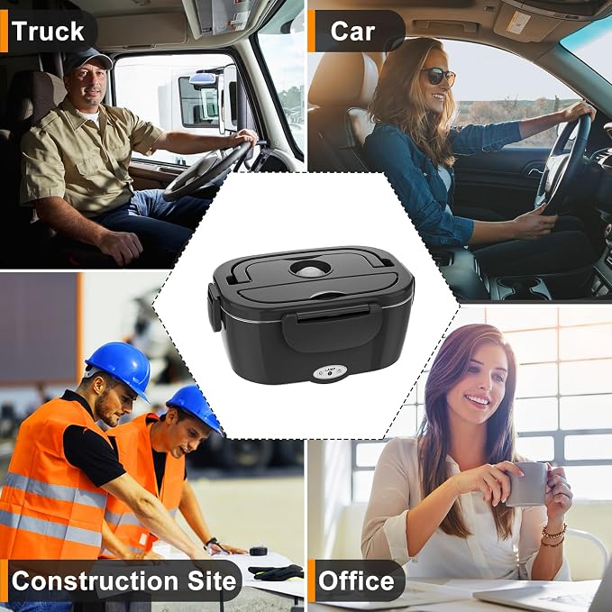 Akhia Electric Lunch Box for Adults, 80W Rapid Heated Lunch Box 12V/24V/110V for Car/Truck/Office/Travel with 1.5L Stainless Steel Container Fork & Spoon & Insulated Bag