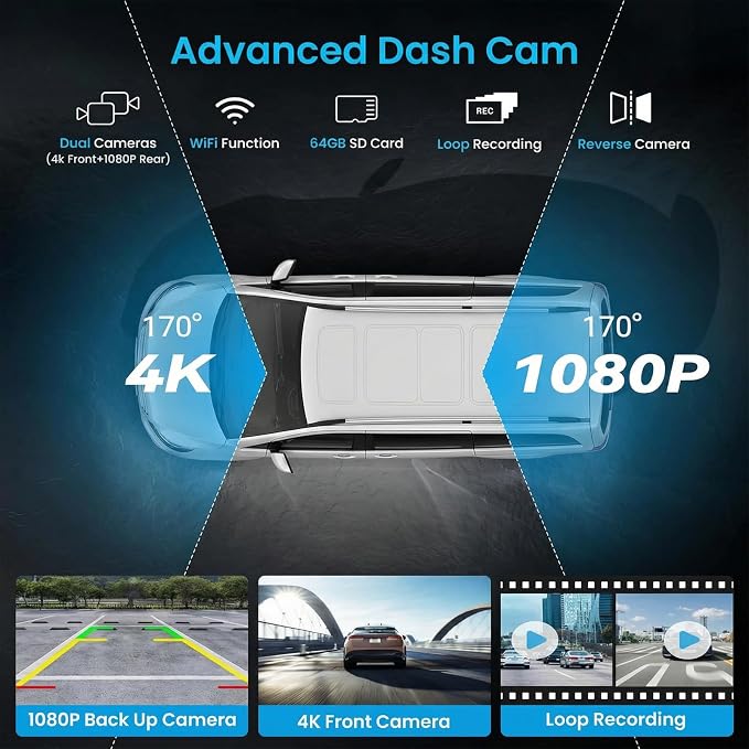 10 Inch Wireless Apple CarPlay & Android Auto Screen for Car with 4K Dash Cam,Ultra-Light Touchscreen, IP68 1080P Backup Camera, GPS Navigation, Voice Control, Mirror Link(No Card)