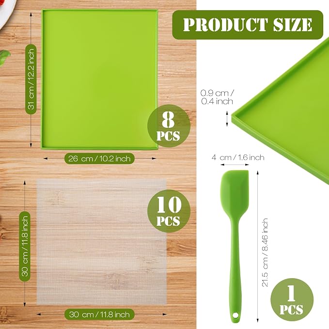 Thenshop 8 Silicone Dehydrator Mats & 10 Mesh Dryer Mats and 1 Baking Scraper, Reusable Non Stick Silicone Dehydrator Tray with Edge for Baking Fruits Meat Vegetables(Green)