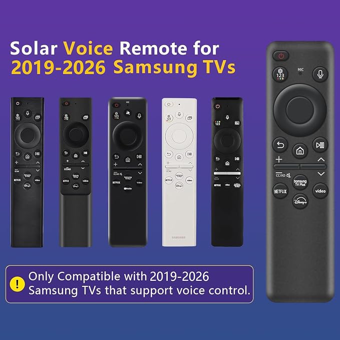 Rechargeable Voice Remote for Samsung Smart TVs, Replacement for 2019–2026 Samsung TV Remote Control with Solar Charging and Voice Search. 2-Year Warranty.