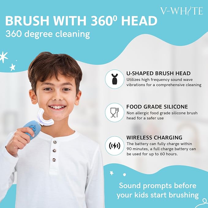 V-WHITE Kids Auto Brush Ultrasonic U-Shaped Toothbrush – 360° Teeth Cleaning, Hands-Free Electric Autobrush for Kids – Gum Protection, Waterproof IPX7, Wireless Charging (Blue)