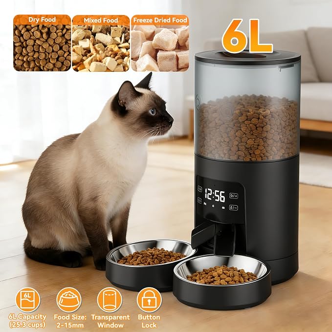 NEWBULIG Automatic Cat Feeder for 2 Cats, 6L/25.3 Cups Timed Pet Feeders with Dual Bowls, 10s Voice Recorder, Dog Food Dispenser for Dry Food, 6 Meals/Day, 50 Portions/Meal, Dual Power Supply, Black