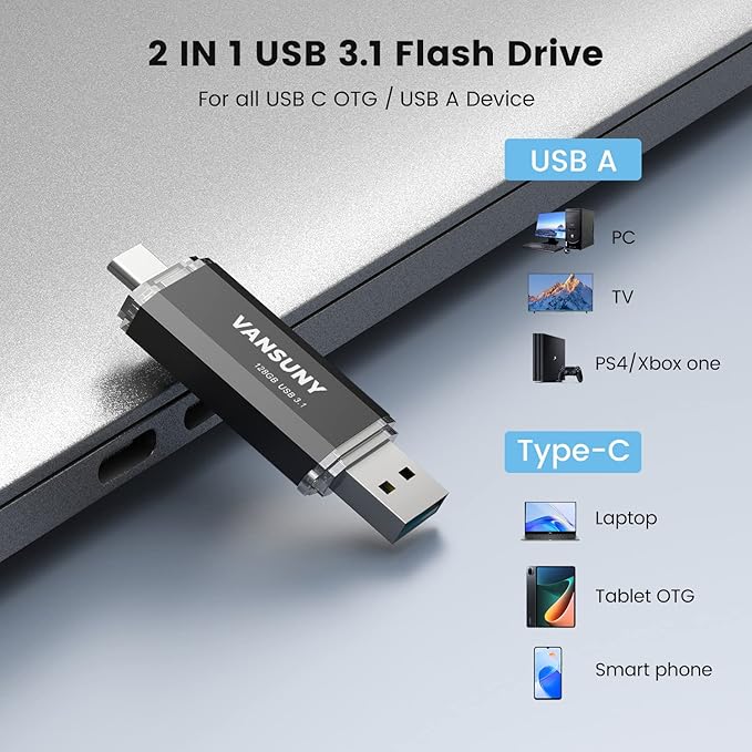 Vansuny 128GB Type C Flash Drive Upgraded 150MB/s USB 3.1 Flash Drive 2 in 1 OTG USB A + Tape C Memory Stick with Keychain Dual Type C USB Thumb Drive for Android Smartphones, Tablets, MacBook, PC