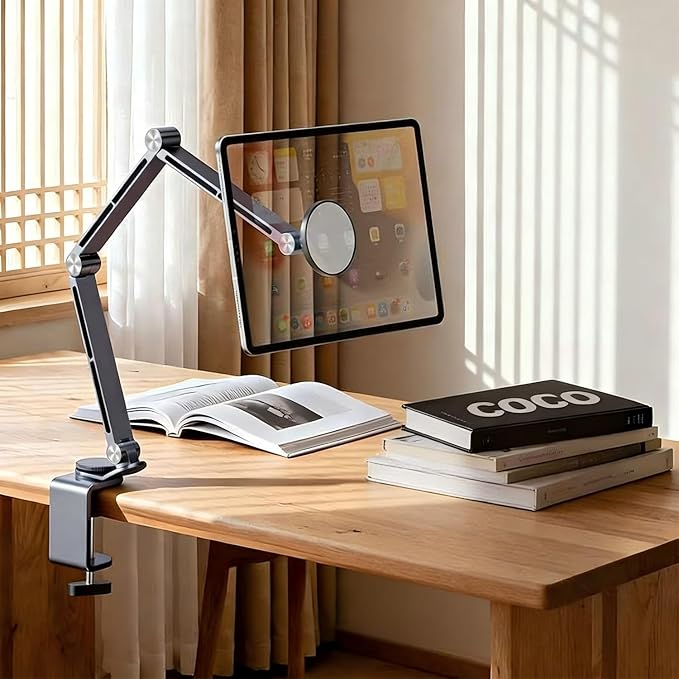 2-in-1 Tablet Stand for Desk, with Clamp & Magnetic Ring Head, Aluminum Foldable Holder Arm with 360°Rotatable Adjustable Base, Clamp Mount for 4"-12.9" Tablets, Phones Devices