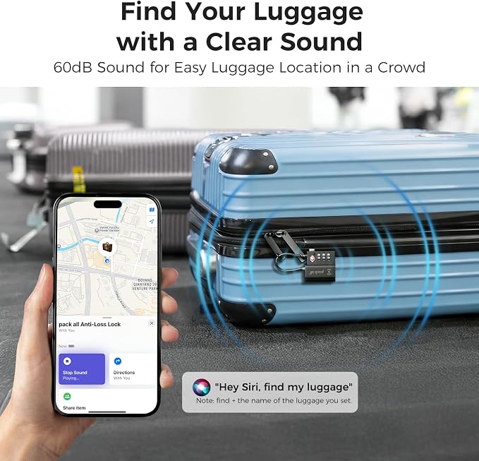 pack all Anti-Lost Tracking Luggage Lock, Smart TSA Approved Cable Lock with 3-Digit Combination, Built-in Tracker, Compatible with Apple Find My (Black, 2-Pack)