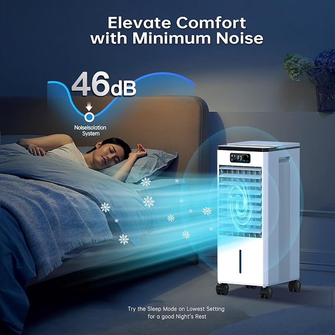 Evaporative Air Cooler, 4-IN-1 Portable Air Conditioners, Swamp Cooler, 3 Speeds & 4 Modes, 2-Gal Tank for Cooling, 16 FT/S Remote Control, Windowless Air Conditioners for Indoors