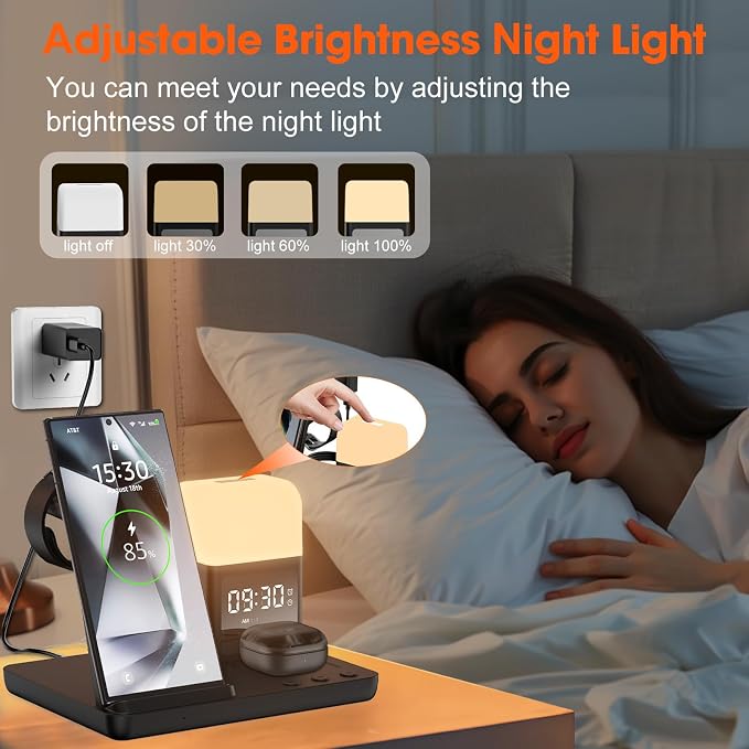 Wireless Charger for Samsung/Android Charging Station, 6 in 1 Fast Watch Charger with Alarm Clock-Night Light, Compatible for Galaxy S25 Ultra/S24, Only for Samsung Watch8/7, Galaxy Buds3 Pro(Jet)