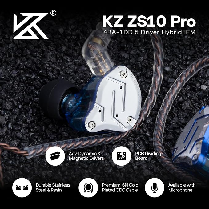 Linsoul KZ ZS10 Pro, 4BA+1DD 5 Driver in Ear Monitor, HiFi Wired Earbuds, Gaming Earbuds, Hybrid IEM Earphones with Stainless Steel Faceplate, Detachable Cable for Musician (with Mic, Blue)