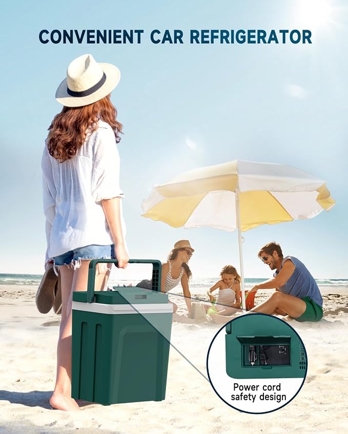 SubSun 27 Quart Electric Cooler and Warmer with Handle, Portable Thermoelectric Fridge, Car Fridge Cooler with 12V DC & 110 AC for Camping, Travel & Picnics, Green
