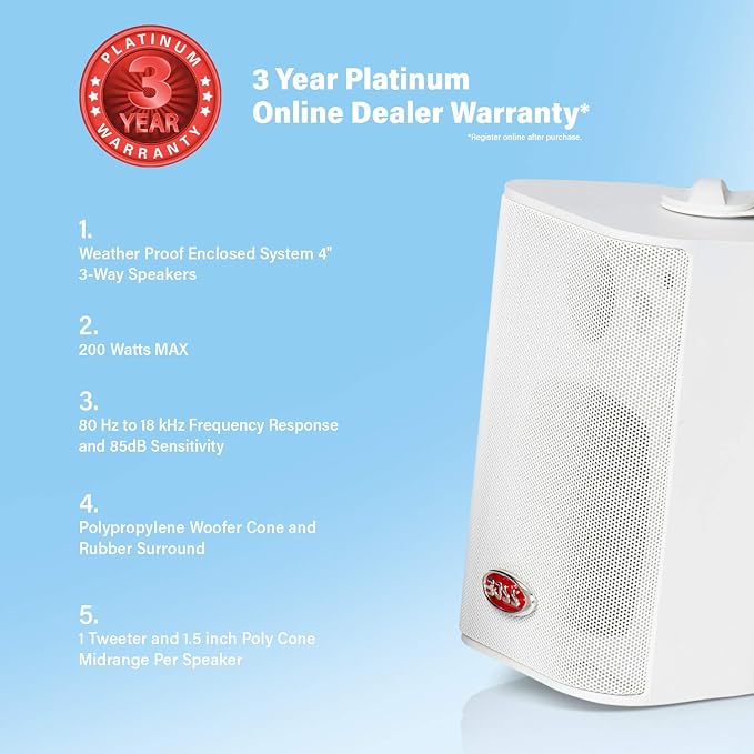Boss Audio MR4.3W 200-Watt 3 Way Marine 4-Inch Enclosed System Speaker, White