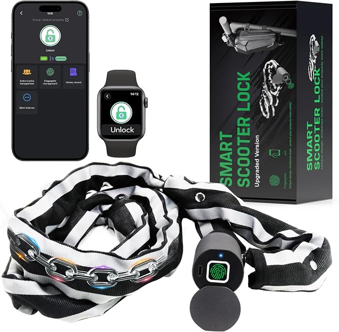 Electric Smart Bike Chain Lock - Heavy Duty Anti-Theft, Fingerprint & App Unlock, Escooter Accessories With Waterproof Bag for Bicycle, Scooter, Motorcycle, Gates C61