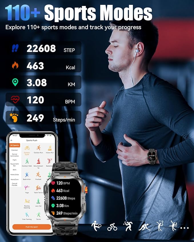 Military Smart Watch for Men, 2.01" Smartwatch with 1200mAh Battery, Flashlight, Answer/Make Calls, Heart Rate/Sleep Monitor 100+ Sport Modes Fitness Tracker for Android/iPhone (Black 03)