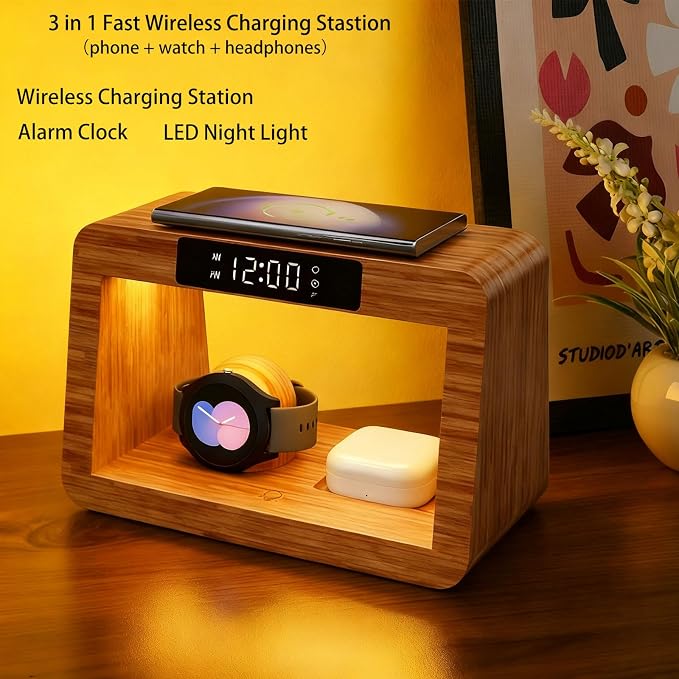 Bamboo Wireless Charging Station, 5 in 1 Charging Station with Light & Alarm Clock for Samsung & Android Phone, Wireless Phone Charger Station Only for Samsung Watch