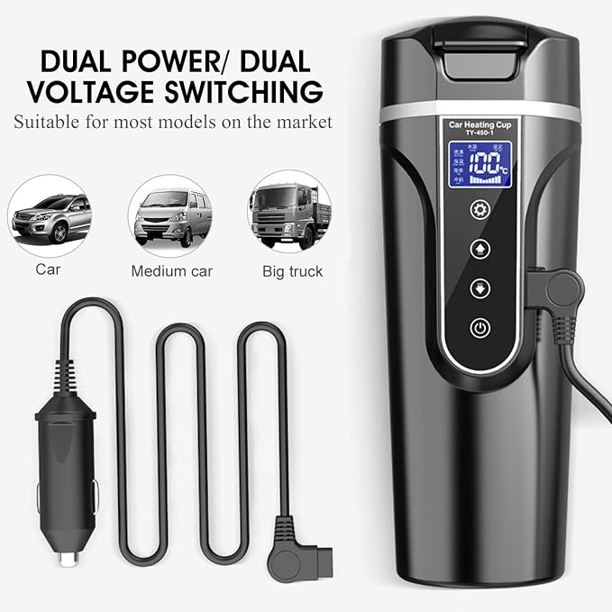 Akozon Smart Temperature Control Travel Coffee Mug 450ml 12-24V Electric Heated Travel Mug Stainless Steel Car Cup 0-100℃ Adjustable,20-25 MIN Quick Heating