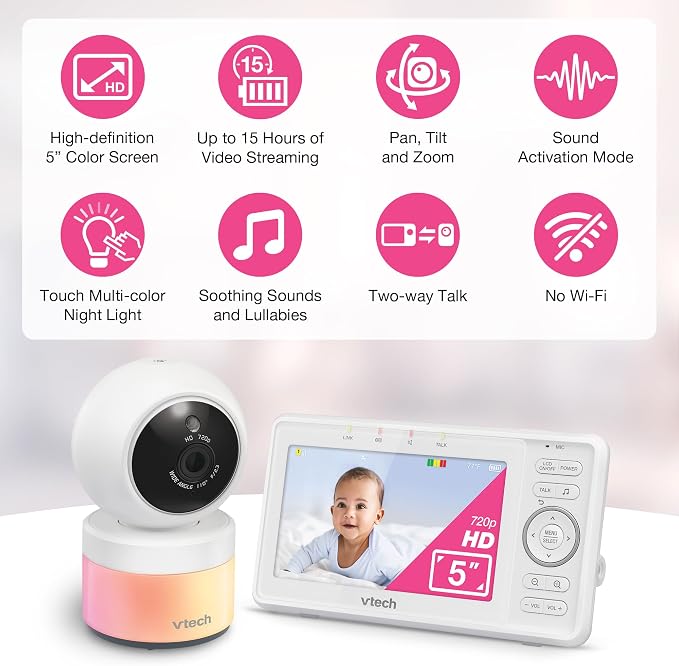 VTech Video Baby Monitor VM5263, 5" HD LCD, Pan-Tilt-Zoom, White