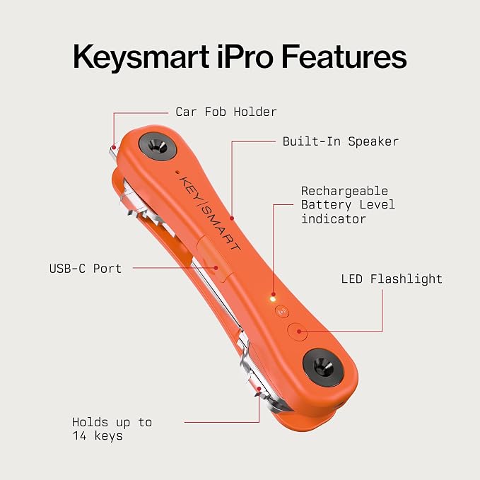 KeySmart iPro - Key Finder Locator with Sound, Keychain Key Holder, Apple Find My App Compatible, Key Organizer, Compact Clutter-Free Key Chain Tracker, Rechargeable Battery (Up to 14 Keys, Orange)