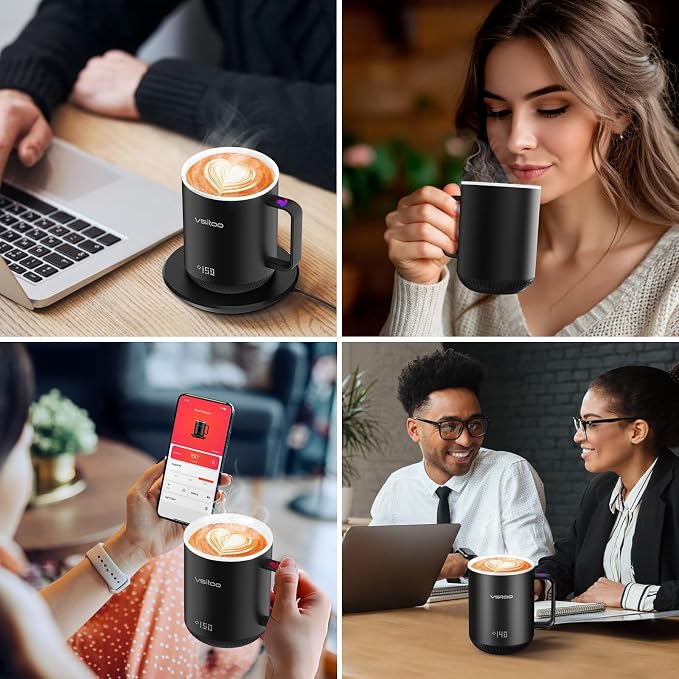 Vsitoo S3 12oz Heated Espresso Mug, Smart Self Heating Coffee Mug for Espresso Lovers, AI Auto-Sensing Temperature Control 120-150℉, Rechargeable Mug Warmer, 316 SS IPX7, Gift for Women Men, White