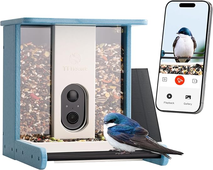TT Nature Recycled Plastic Smart Bird Feeder with Camera, Solar Powered, AI Identifies 10,000+ Birds Species, Auto Capture 2K Videos & Instant Alerts, Ideal Gift for Family and Lover