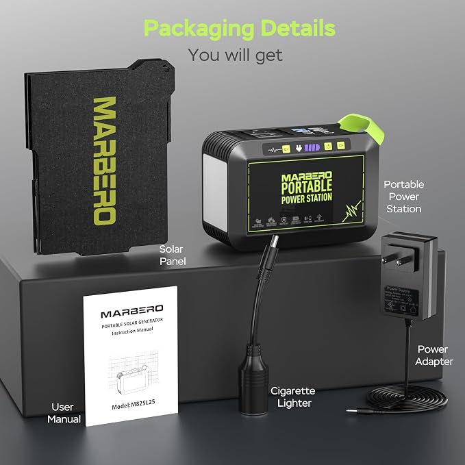 MARBERO 80W Solar Powered Generator with Panels 25W Included, 88.8Wh Portable Power Station with AC Outlet 120W Peak Fast Charging 110V for Camping Outdoor Home Backup Backup RVs