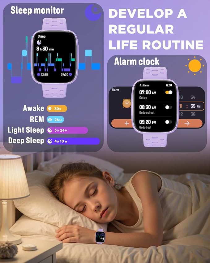 BIGGERFIVE Kids Watch No Phone Needed, 1.8" Amoled Smart Fitness Watch Pedometer, Heart Rate, Sleep Tracker, 30m Waterproof, Step Counter, Puzzle Games, 100+ Dials, Gifts for Girls 5-16, Lilac