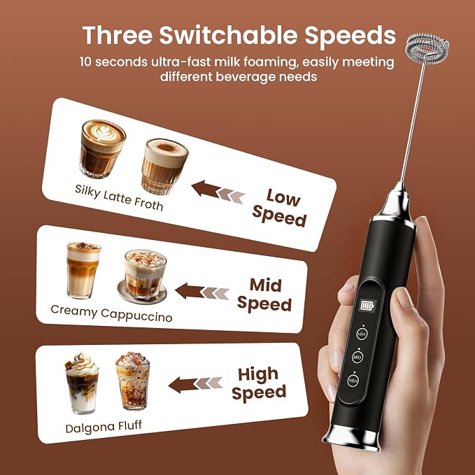 YUSWKO Milk Frother Wand for Coffee, Handheld Coffee Frother, Rechargeable Drink Mixer, Waterproof Electric Whisk, Black