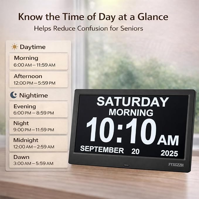 11.5'' Dementia Clocks for Seniors Extra Large, Senior Clocks with Day Date and Time, 20 Alarm Reminders, Easy-to-Read, Simple Setup, Plug-in, DST