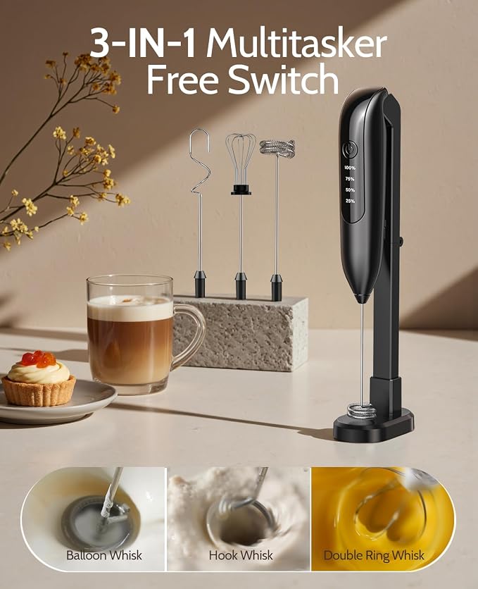 Electric Milk Frother Handheld: coffee frother rechargeable 3 in 1 - LED Display, Adjustable Wireless Charging - 3 Speeds, Stainless Steel Whisk for Latte, Cappuccino - Onyx Black