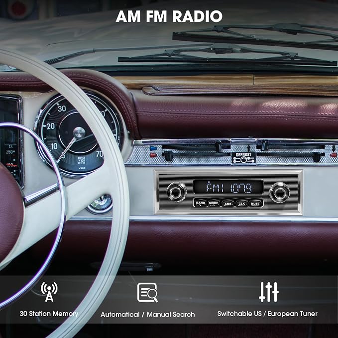 Bluetooth Retro Radio for Classic Vehicles: Single Din Vintage Stereo for Car - AM FM Tuner USB AUX Input Subwoofer RCA Output