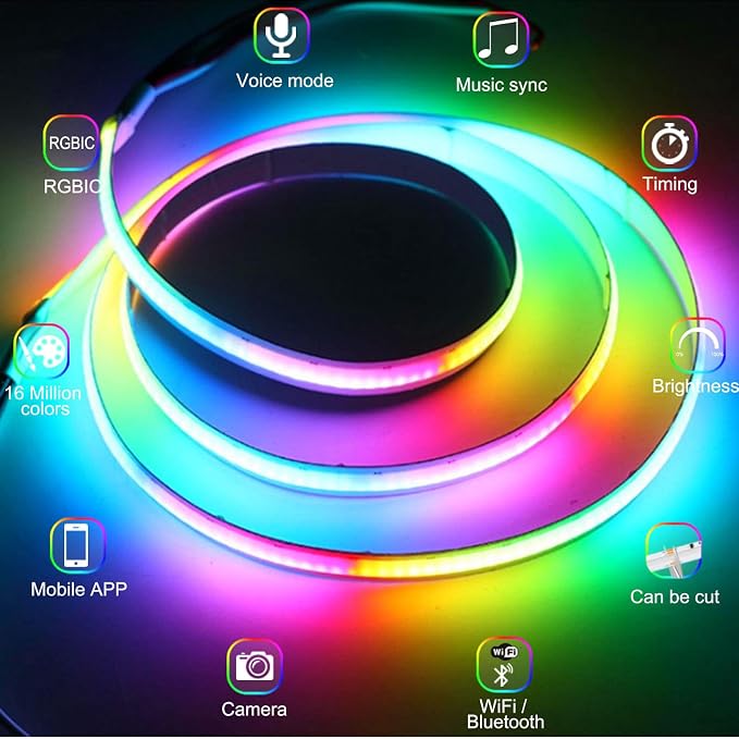 COB LED Strip Light with RGB Smart IC, 2 Rolls of 16.4ft, 12mm Width Flexible Tape Lights with WiFi App Control, 24V Color Chasing Addressable 7200 LEDs COB Light Strip for Bedroom Kitchen Wall Decor