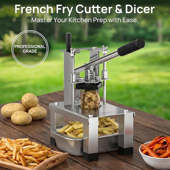 French Fry Cutterr,Professional Potato Cutter Slicer with 3/8", 1/2", 1/4" Stainless Steel Blades Stainless Steel Vegetable Chopper for Potato,Carrot,Cucumber,Onion,Home Use