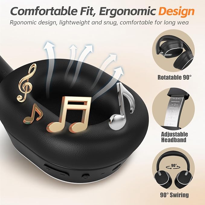 Over Ear Wireless Headphones, Hybrid Active Noise Cancelling 60H Playtime Hi-Res Audio Deep Bass