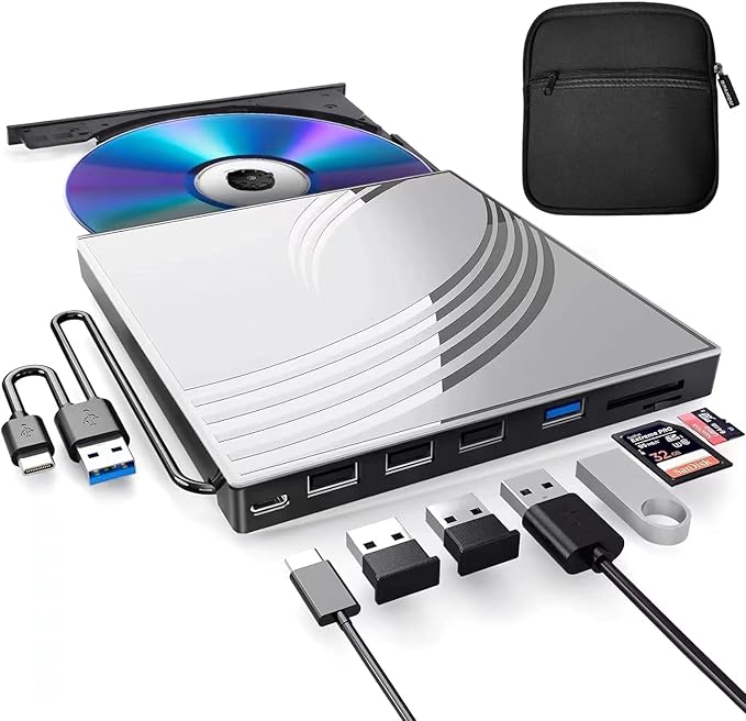 BPAKDU External CD/DVD Drive for Laptop with Carrying Case,DVD Player for Laptop,Portable CD Burner with 4 USB Ports, 2 TF/SD Card Slots,CD Disk Drive Player Reader Write